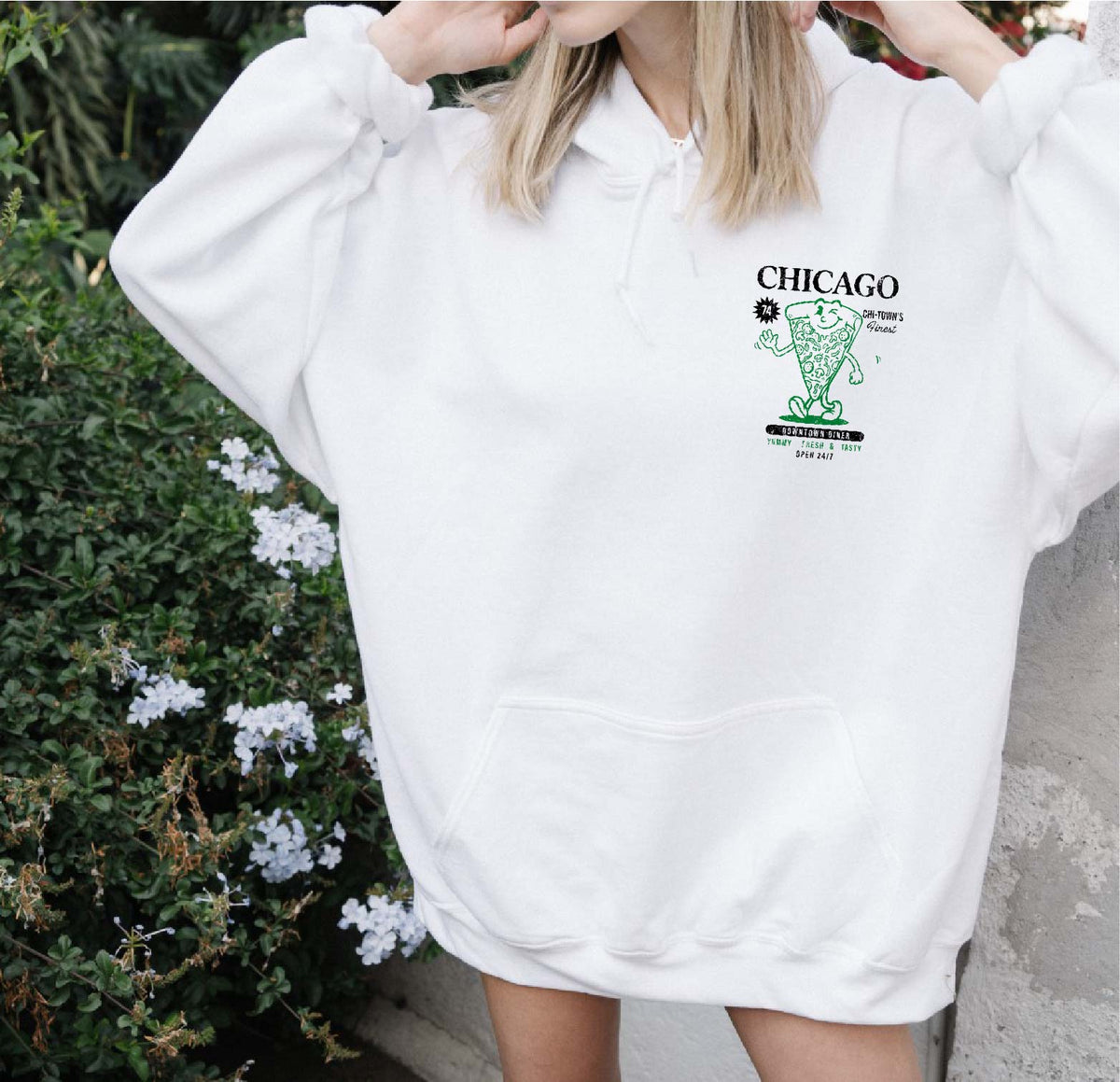 CHICAGO PIZZA VINTAGE Front Back Graphic Unisex Fleece Hooded Sweatshirt