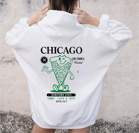 CHICAGO PIZZA VINTAGE Front Back Graphic Unisex Fleece Hooded Sweatshirt