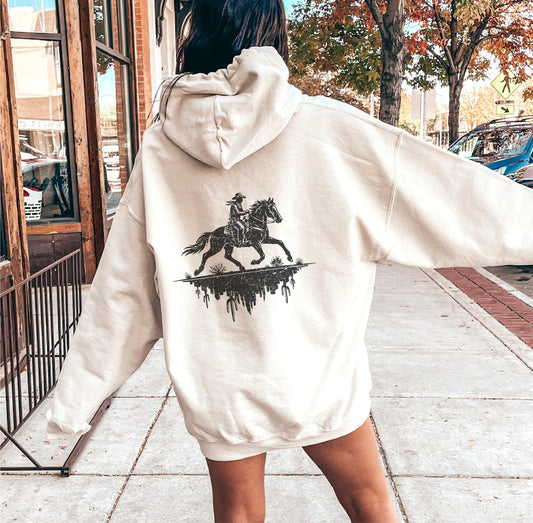 COWBOY RIDER DESERT Front Back Graphic Unisex Fleece Hooded Sweatshirt
